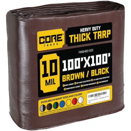 Core Tarps Heavy Duty Tarp, 100 ft L x 0.5 mm H x 100 ft W, 10 Mil, Brown/Black, Polyethylene CT-602-100X100